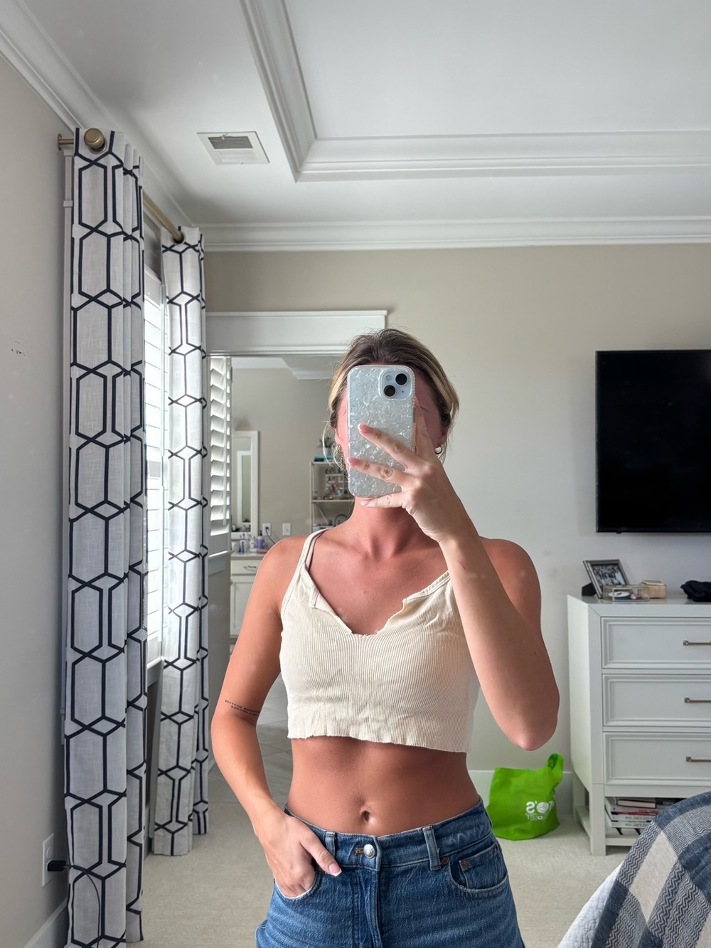 Eterne Cream Ribbed Cropped Bandeau Tank